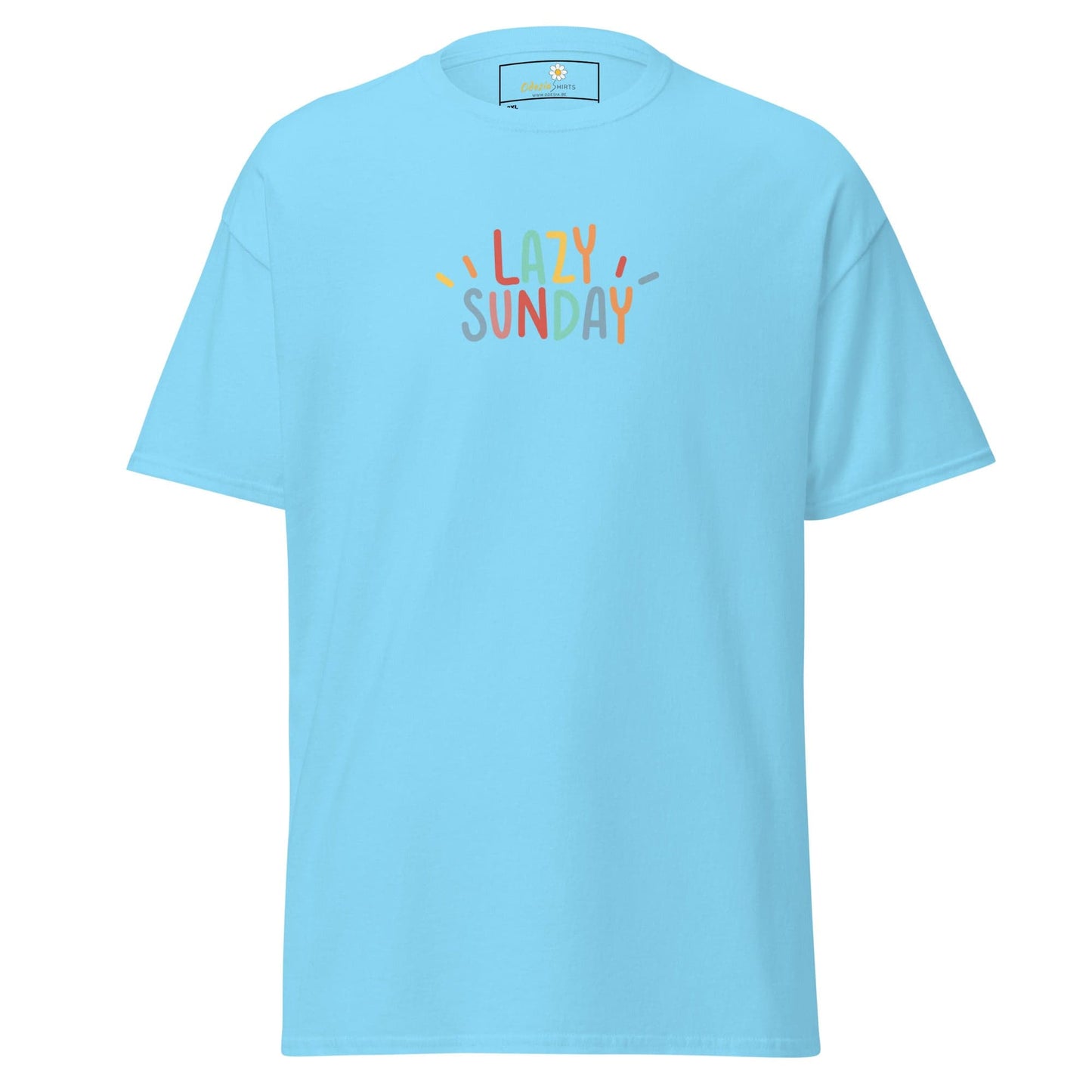 Light blue t-shirt with colorful ’Lazy Sunday’ text.