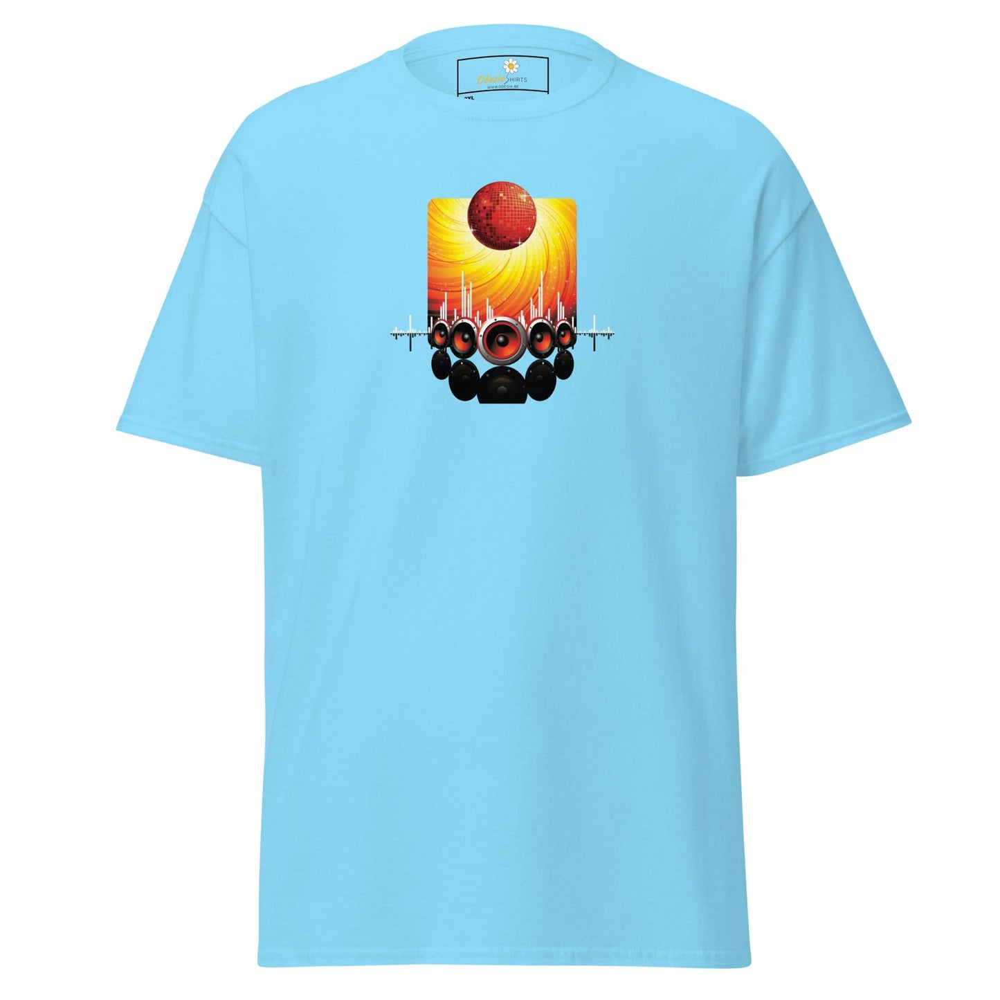 Light blue T-shirt with graphic design for men and women in 2XL to 5XL sizes
