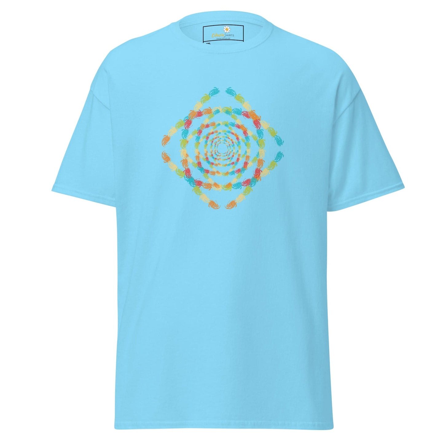 Light blue T-shirt with colorful geometric design for Men and Women in 2XL to 5XL sizes