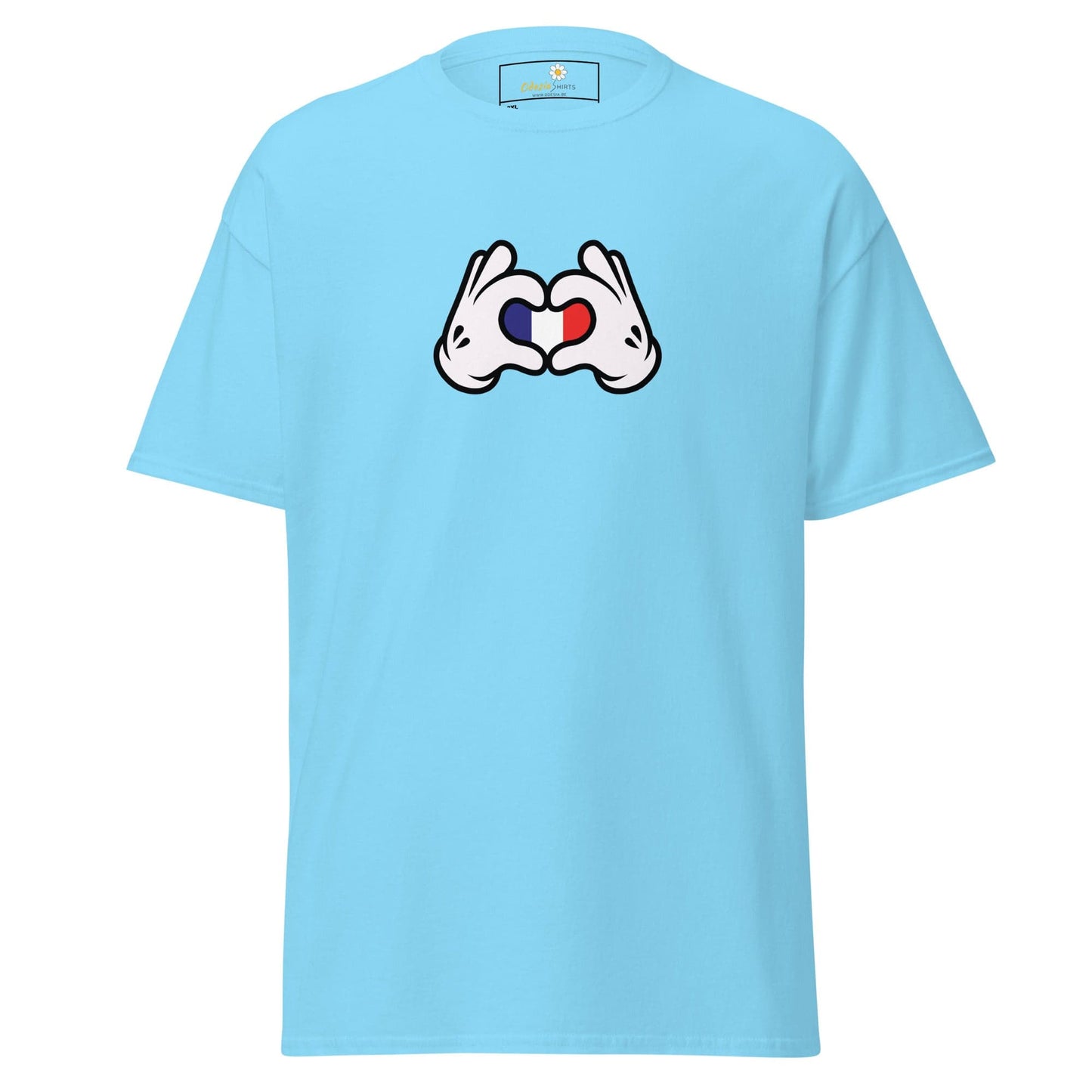 Light blue t-shirt with cartoon hands forming a heart with the French flag.