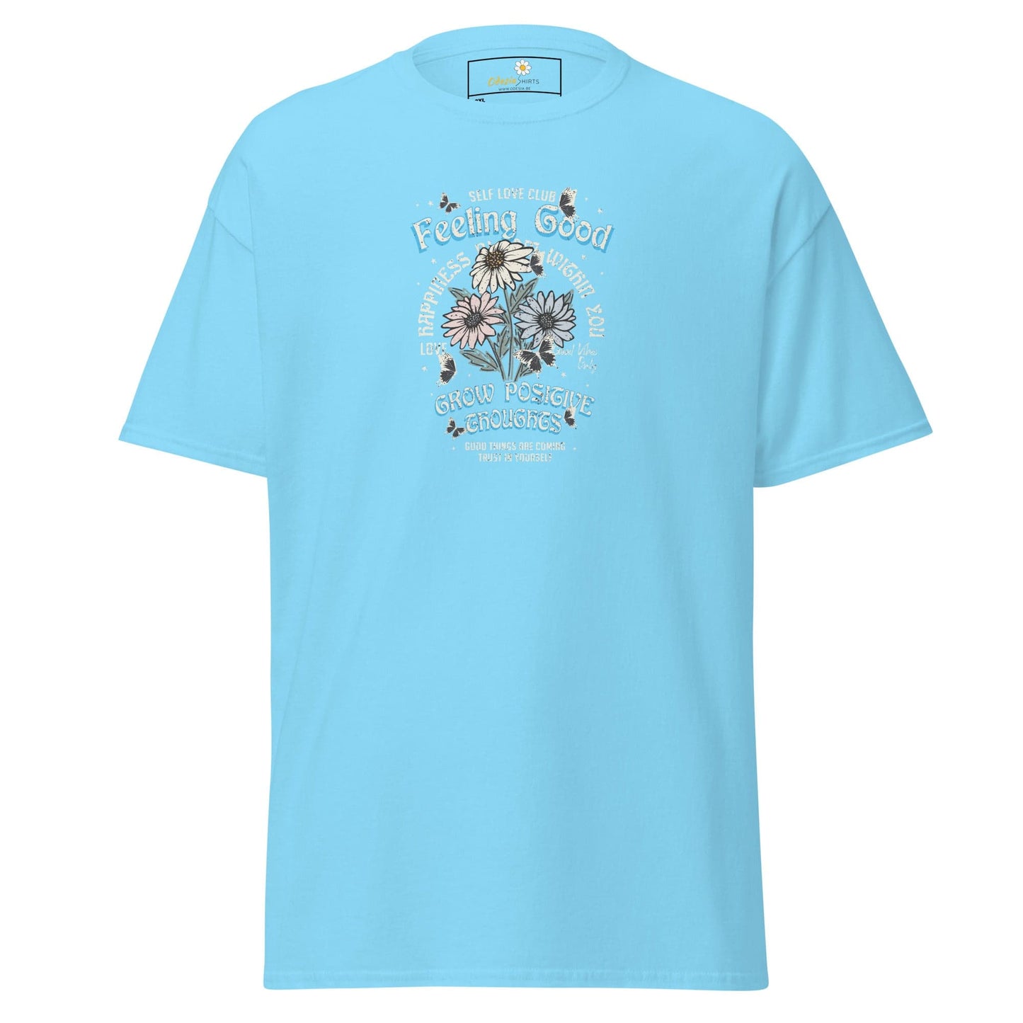 Light blue t-shirt with floral graphic.