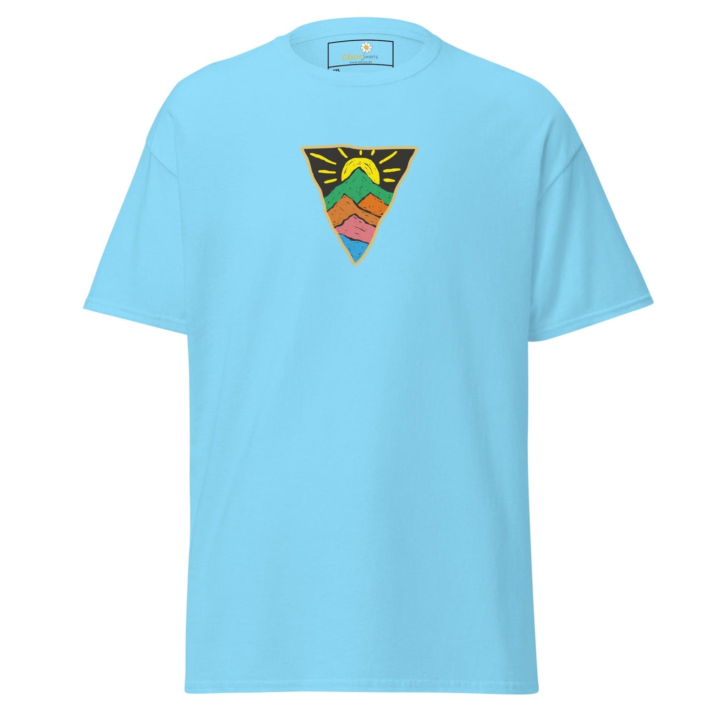 Light blue men’s or women’s T-shirt with mountain graphic in size 2XL to 5XL