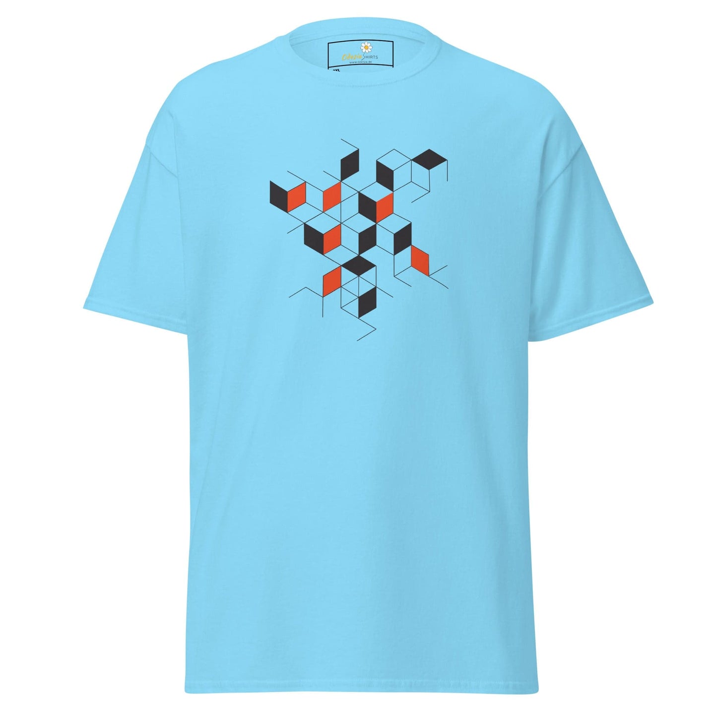 Light blue T-shirt with geometric cube design for men and women in 2XL to 5XL sizes