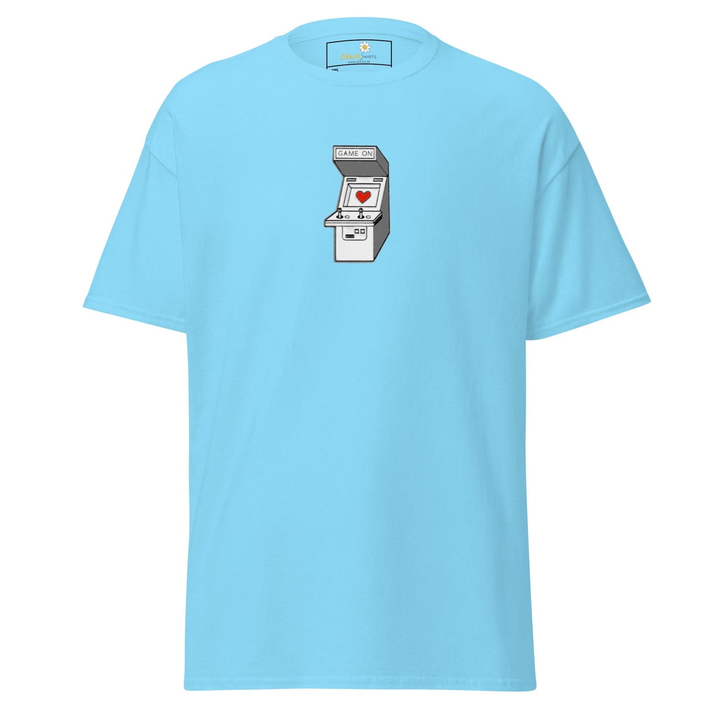 Light blue T-shirt featuring an arcade game graphic for men and women in larger sizes