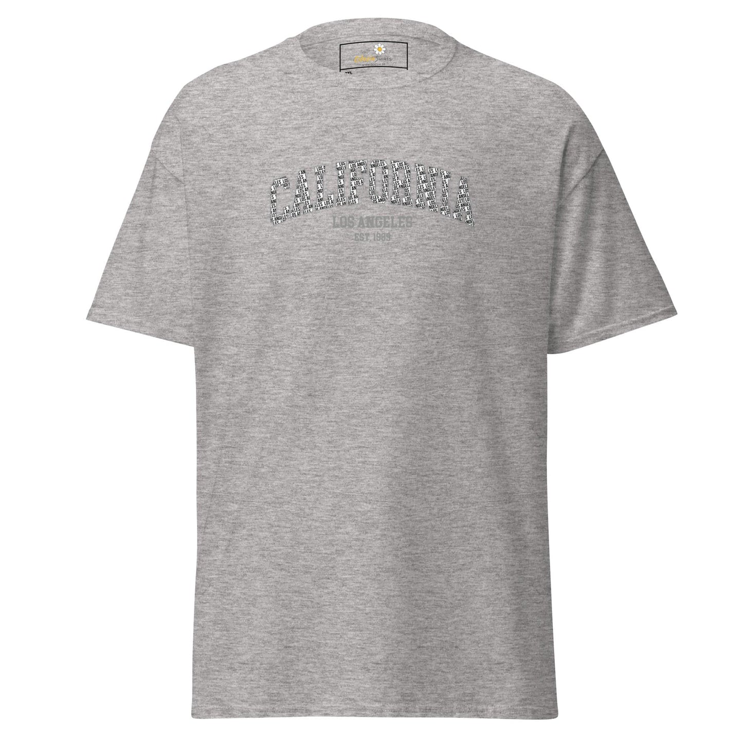 Gray t-shirt with ’California’ text.