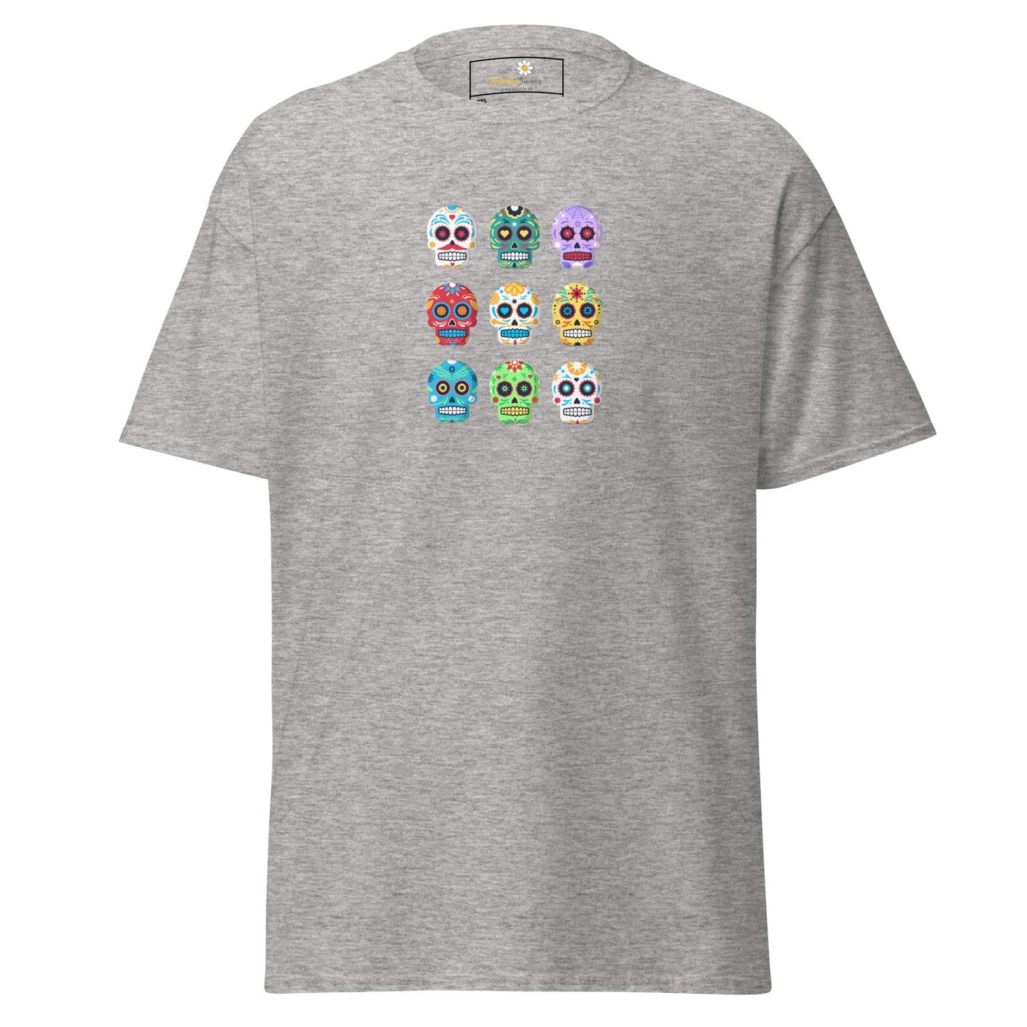 Gray T-shirt with sugar skull design for men and women in 2XL to 5XL sizes