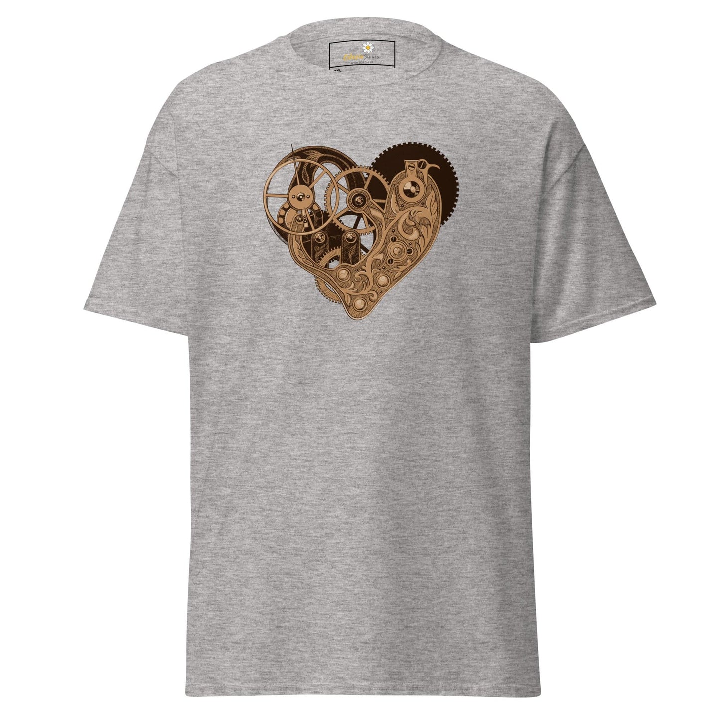 Gray T-shirt with steampunk heart design for men and women in sizes 2XL to 5XL