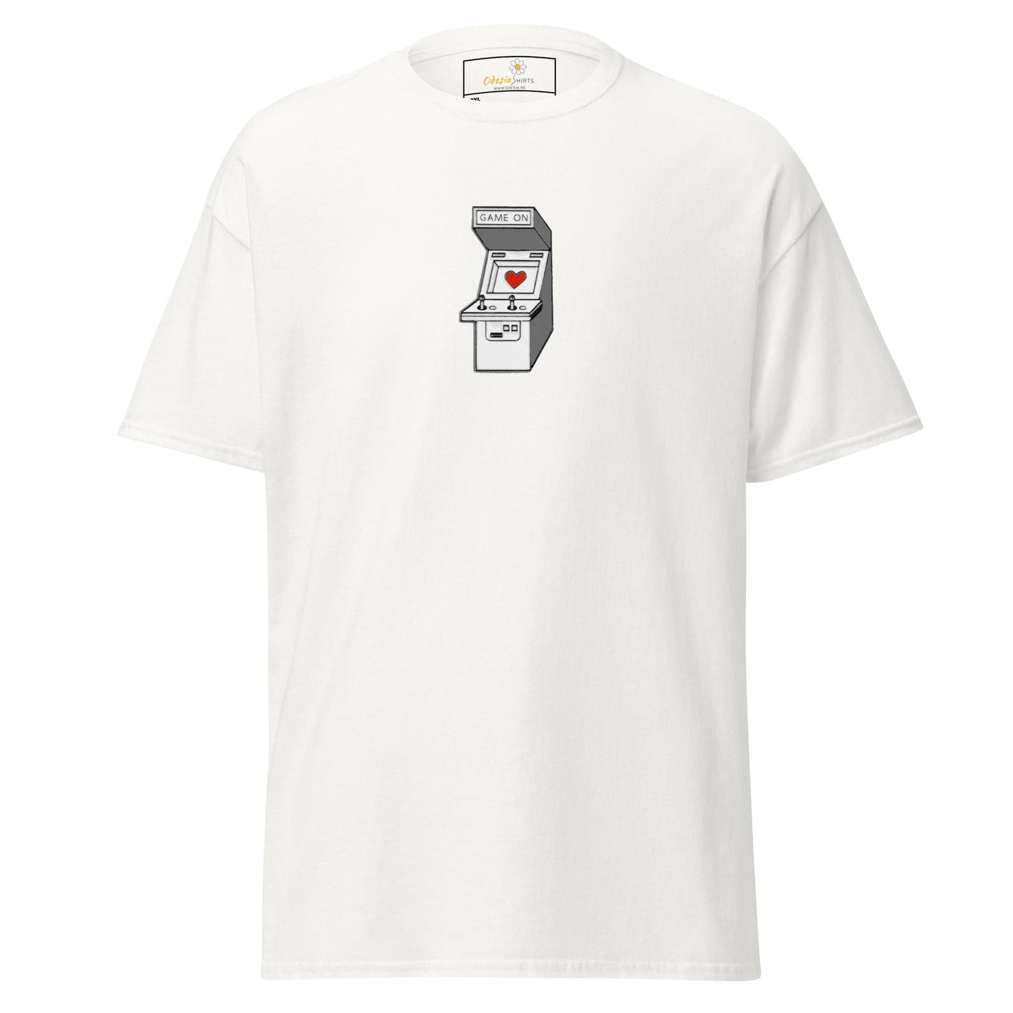 White T-shirt with arcade game graphic for men and women in sizes 2XL to 5XL