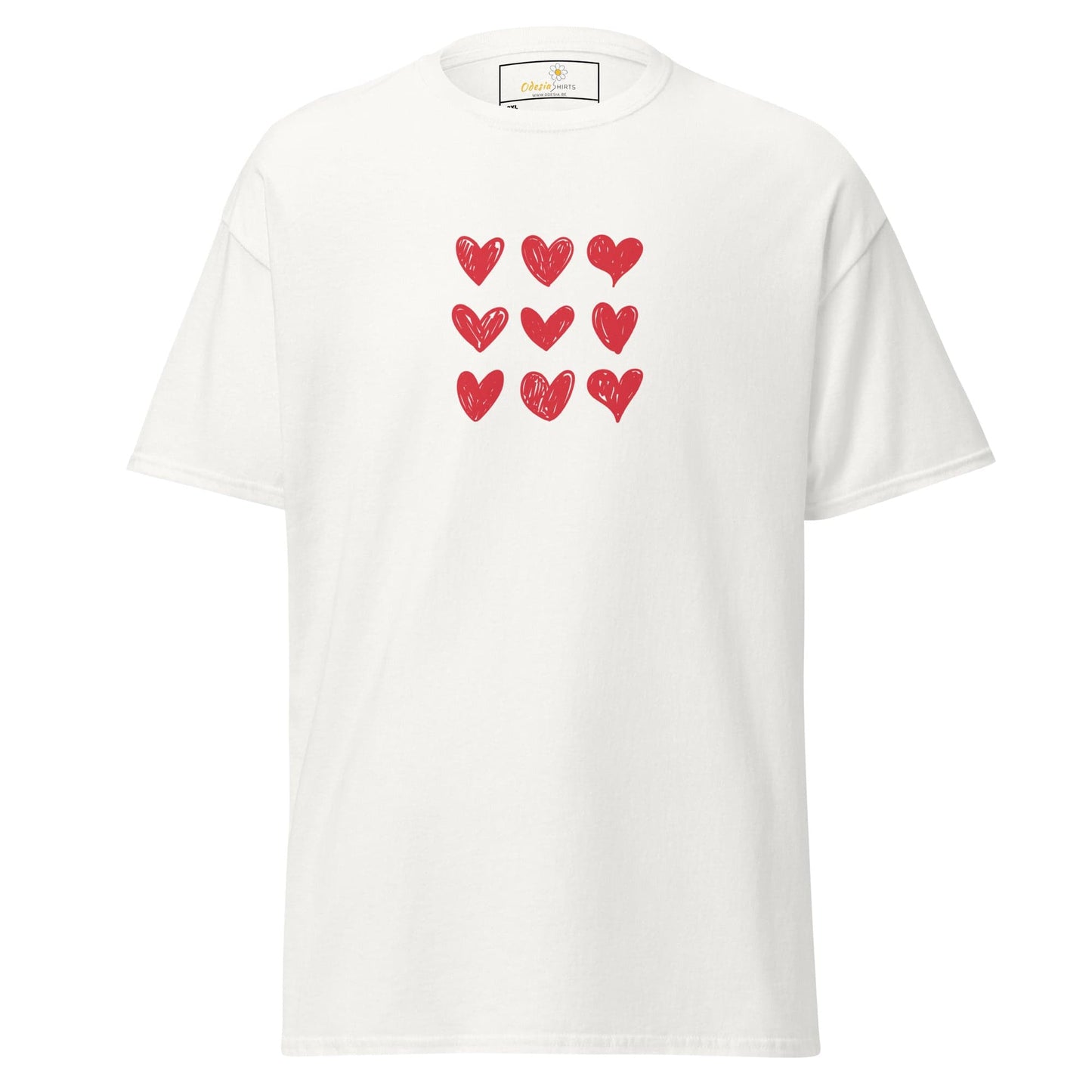 White t-shirt with red heart pattern.