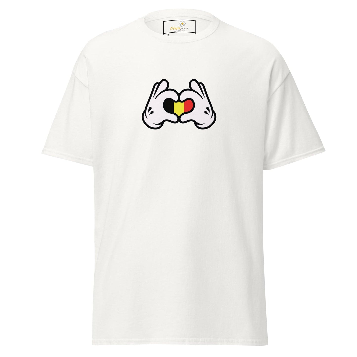 White t-shirt with cartoon hands forming a heart with the Belgian flag.