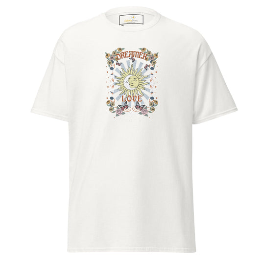 White t-shirt with sun and butterfly graphic.