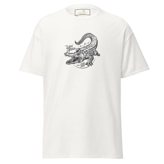 White t-shirt with crocodile graphic.