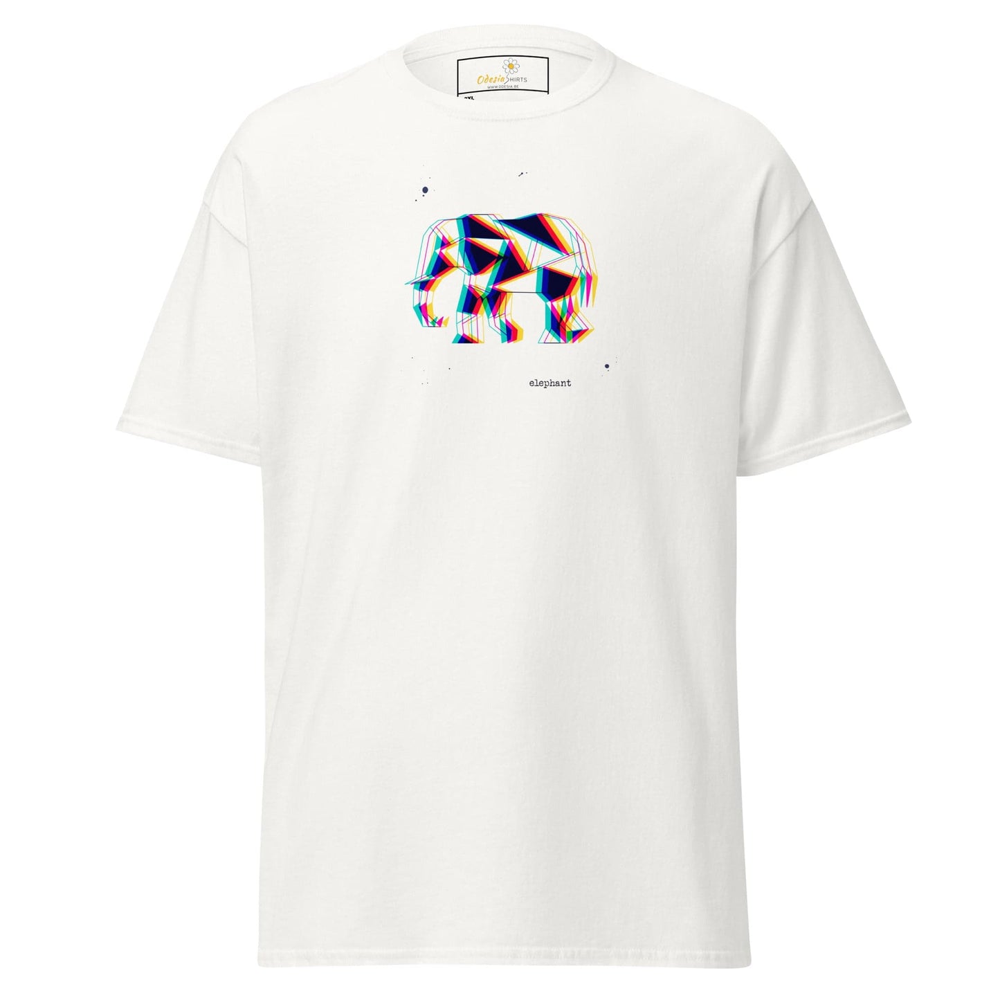White t-shirt with geometric elephant design.