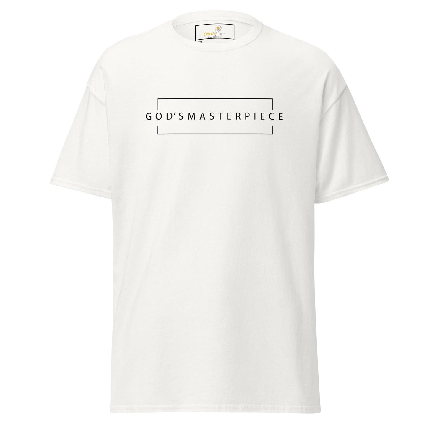 White t-shirt with a rectangular design.
