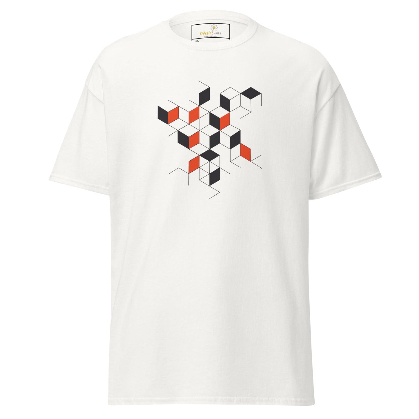 White T-shirt with geometric cube design for Men and Women in sizes 2XL to 5XL